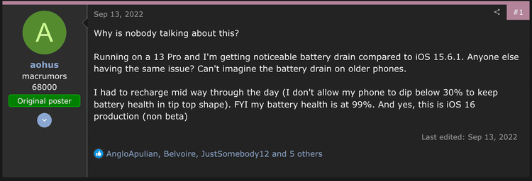 用戶反應 iOS 16 電池消耗問題。取自 MacRumors