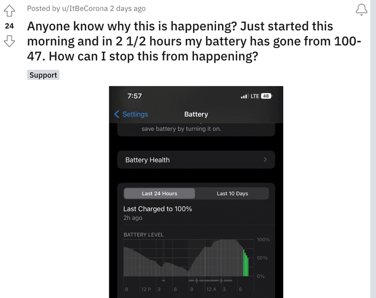用戶反應 iOS 16 電池消耗問題。取自 Reddit