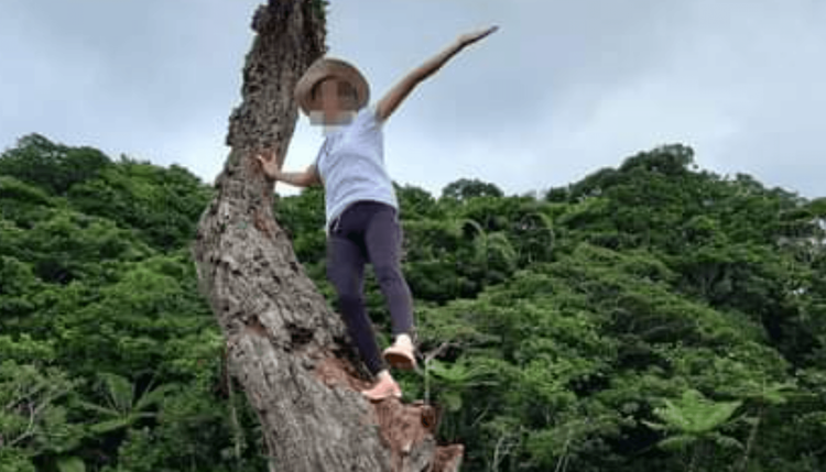 遊客踩踏在枯木上擺出拍照姿勢留影。翻攝自臉書夏曼陳明輝