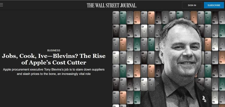 華爾街日報曾報導布萊文斯在Apple負責把供應商價格殺到見骨。翻攝華爾街日報