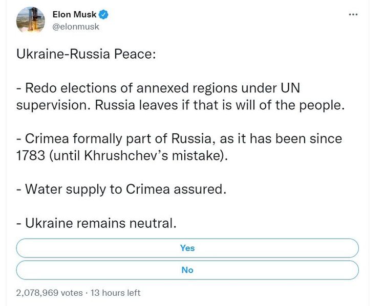 馬斯克在推特提出和平計畫並開放網友投票。翻攝elon musk/twitter