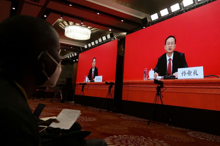  中共二十大首場記者會現場。路透社