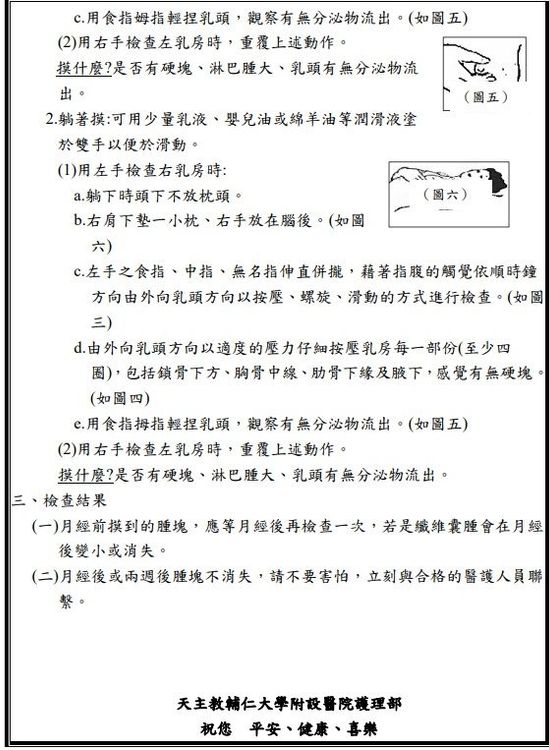 不過醫師提醒，因為一般民眾並沒有接受過專業訓練，不容易發現早期的乳癌，千萬不要因為平常乳房自我檢查都正常，就覺得不需要接受專業檢查及定期篩檢。。引自輔大醫院官網