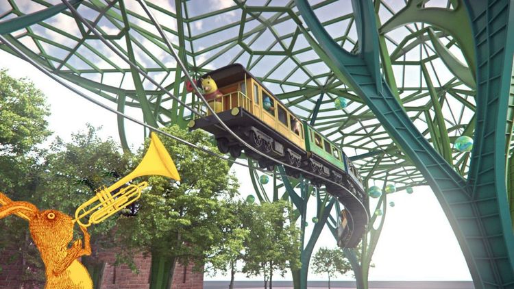 廣場後方也將新設幾米作品中《森林裡的秘密》中吹奏樂器毛毛兔，讓廣場更加活潑繽紛。縣府提供