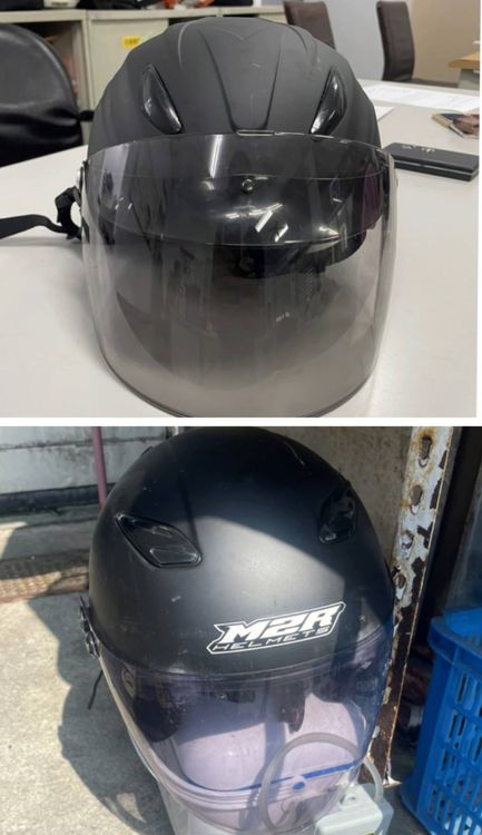 高男拿自己舊的安全帽（下）換走張男安全帽。警方提供