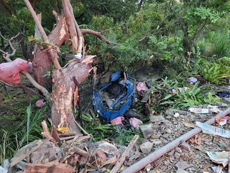 小貨車衝撞路旁大樹後摔落山谷，車體變形嚴重。大武分局提供
