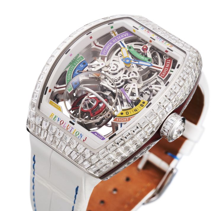 FRANCK MULLER Vanguard Revolution 3 Skeleton高登鐘錶50周年彩色面盤白色款，限量1只，151萬新加坡幣（約3387萬元台幣）。品牌提供