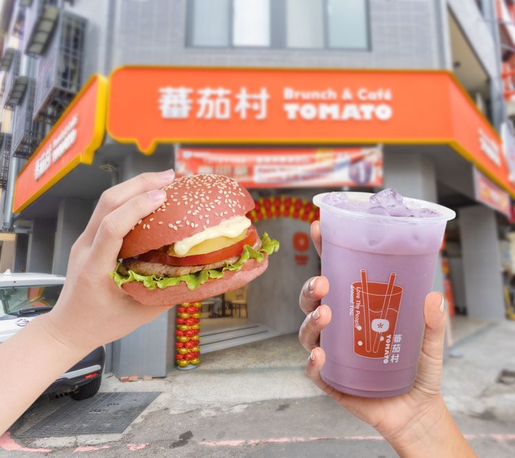蕃茄村將「黃地瓜」入漢堡、「紫地瓜」做成夢幻紫色的地瓜牛奶，並推出全新「地瓜薯萊堡」。業者提供