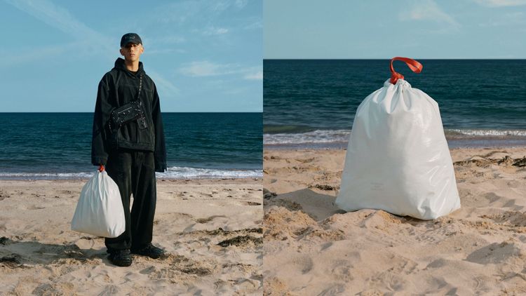 韓團KARD成員Big Matthew手拎的Trash束口袋，以似「垃圾袋」的造型，在還沒上市前就引發熱議；Trash皮革束口袋，5萬5800元。品牌提供