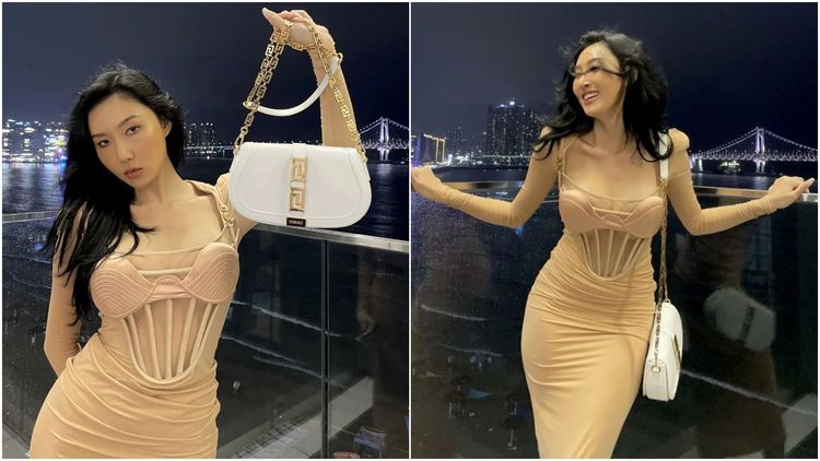 韓國女星華莎拎白色款Greca Goddess包當性感女神。翻攝_mariahwasa IG