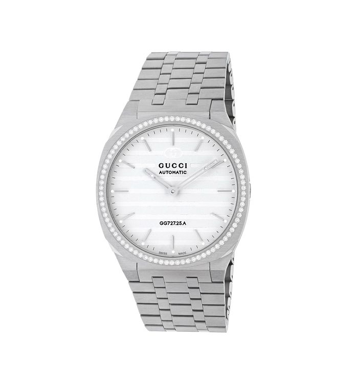 GUCCI 25H精鋼鑲鑽自動上鍊腕錶，38萬5000元。品牌提供