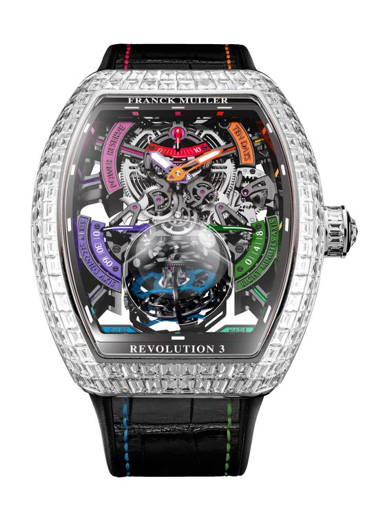 FRANCK MULLER Vanguard Revolution 3 Skeleton高登鐘錶50周年彩色面盤黑色款，限量1只，151萬新加坡幣（約3387萬元台幣）。品牌提供