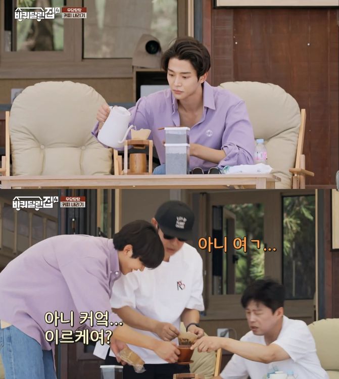 路雲主動幫忙沖咖啡，卻不知道要放濾杯，自首「其實我不太會」。翻攝tvN