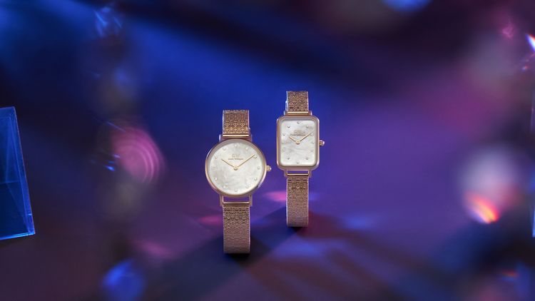 The Lumine Collection閃耀系列腕錶以Quadro系列（右）與Petite錶款為基礎，透過水晶時標與麥穗飾紋錶帶，彰顯穿搭搶眼度。品牌提供