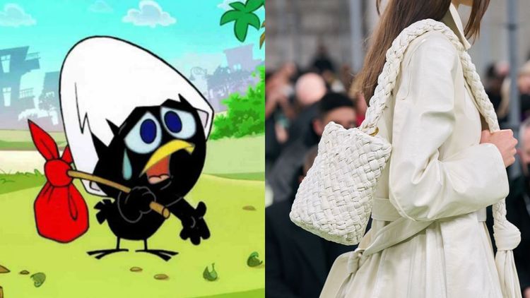 BOTTEGA VENETA秋冬伸展台上亮相的Kalimero「扁擔包」（右，品牌提供），據悉就是創意總監Matthieu Blazy受義大利卡通人物卡利麥羅（左，翻攝guidafumettoitaliano網站）形象影響下誕生。