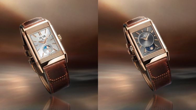 Reverso Tribute Duoface Calendar翻轉系列玫瑰金雙時區日曆腕錶，84萬5000元。品牌提供