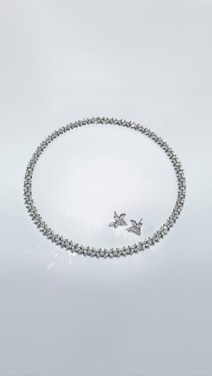 Tiffany Victoria鉑金鑲鑽項鍊278萬元、鉑金鑲鑽耳環37萬3000元。品牌提供