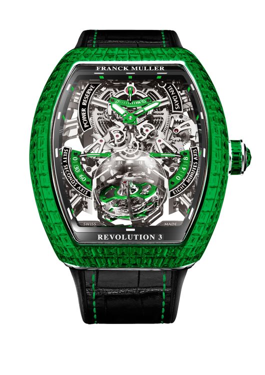 FRANCK MULLER Vanguard Revolution 3 Skeleton高登鐘錶50周年18K白金祖母綠紀念錶，限量1只，151萬新加坡幣（約3387萬元台幣）。品牌提供
