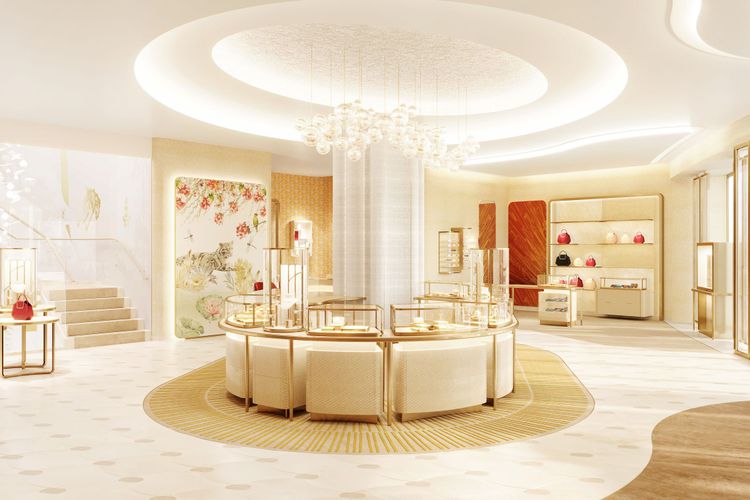 以棕銅搭配酒紅與奶油色交織而成的4樓空間，展示從高級珠寶腕錶到家居精品、個人配件等各類品項。品牌提供