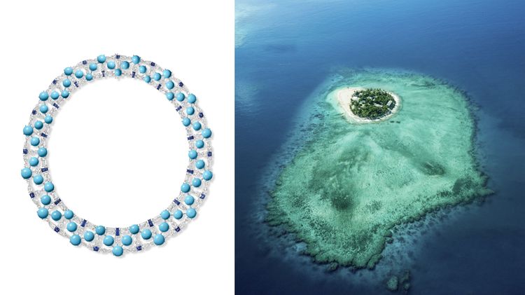 Turquoise Waters項鍊鑲嵌60顆蛋面切割綠松石與30顆藍寶，約約2952萬元。品牌提供