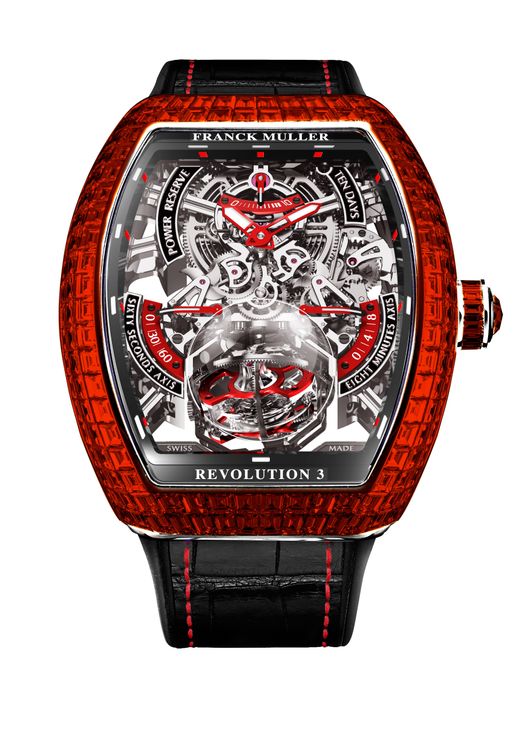 FRANCK MULLER Vanguard Revolution 3 Skeleton高登鐘錶50周年18K白金紅寶紀念錶，限量1只，151萬新加坡幣（約3387萬元台幣）。品牌提供