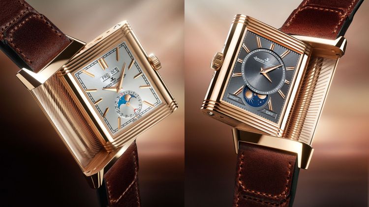 Reverso Tribute Duoface Calendar翻轉系列雙時區日曆腕錶錶殼正面（左圖）顯示日期、星期、月份與月相顯示，背面顯示第二時區與晝夜。品牌提供