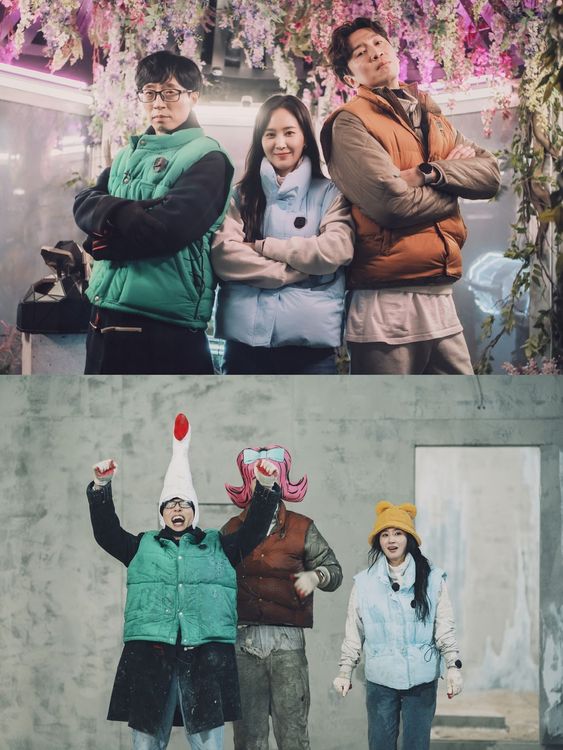 劉在錫（上圖左起）、俞利、李光洙開場時全身乾乾淨淨，結束後卻狼狽不堪。Disney+提供