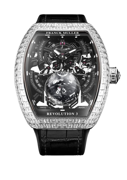 FRANCK MULLER Vanguard Revolution 3 Skeleton高登鐘錶50周年18K白金鑲鑽紀念錶，限量1只，151萬新加坡幣（約3387萬元台幣）。品牌提供