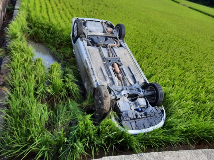 轎車駕駛為撿東西，衝落稻田。民眾提供