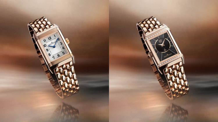 Reverso Classic Duetto翻轉系列玫瑰金腕錶鍊帶款，110萬元。品牌提供