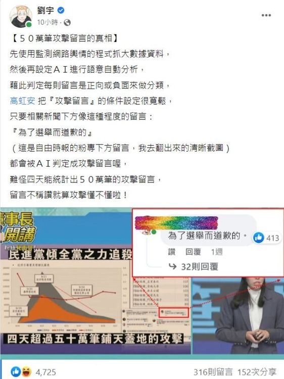 網紅四叉貓劉宇也在臉書爆料，高虹安把「攻擊留言」條件設定很寬鬆，包括「為了選舉而道歉的」都會被AI判定成攻擊留言。翻攝自四叉貓臉書
