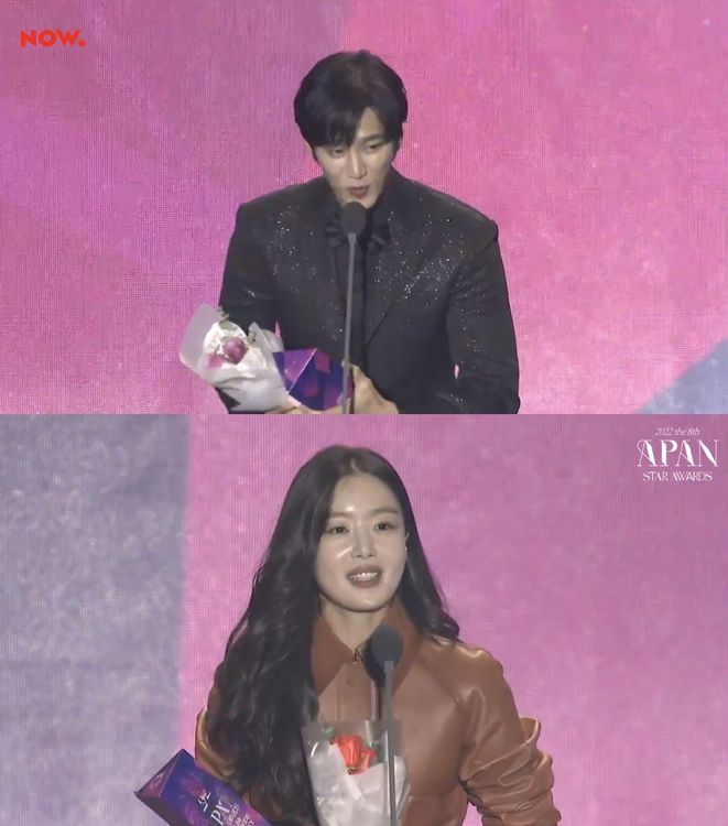 安普賢（上圖）、韓善伙獲得OTT最佳男女演員。翻攝NOW.