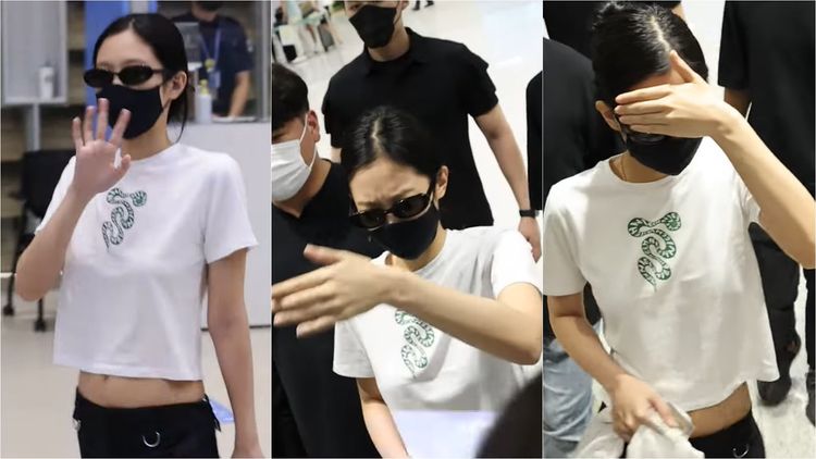 Jennie昨天早上搶先一步回到韓國，原本微笑對粉絲打招呼，看到媒體湧上皺眉頭，伸手遮住臉低頭離開。翻攝YouTube