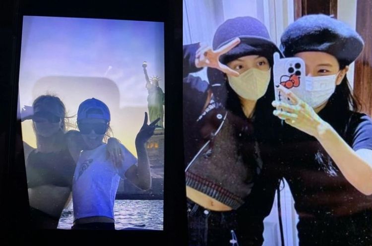 Jennie（左圖右）、Rose（左圖左）日前在紐約的合照，Lisa（右圖左）及Jisoo的自拍照也被外流。翻攝推特
