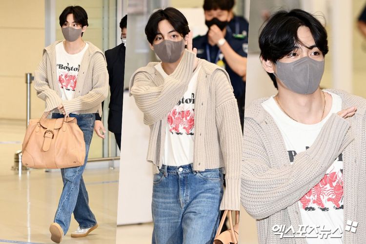 V在與Jennie的緋聞爆發後，今天凌晨從紐約回到韓國，大方揮手致意。翻攝xportsnews