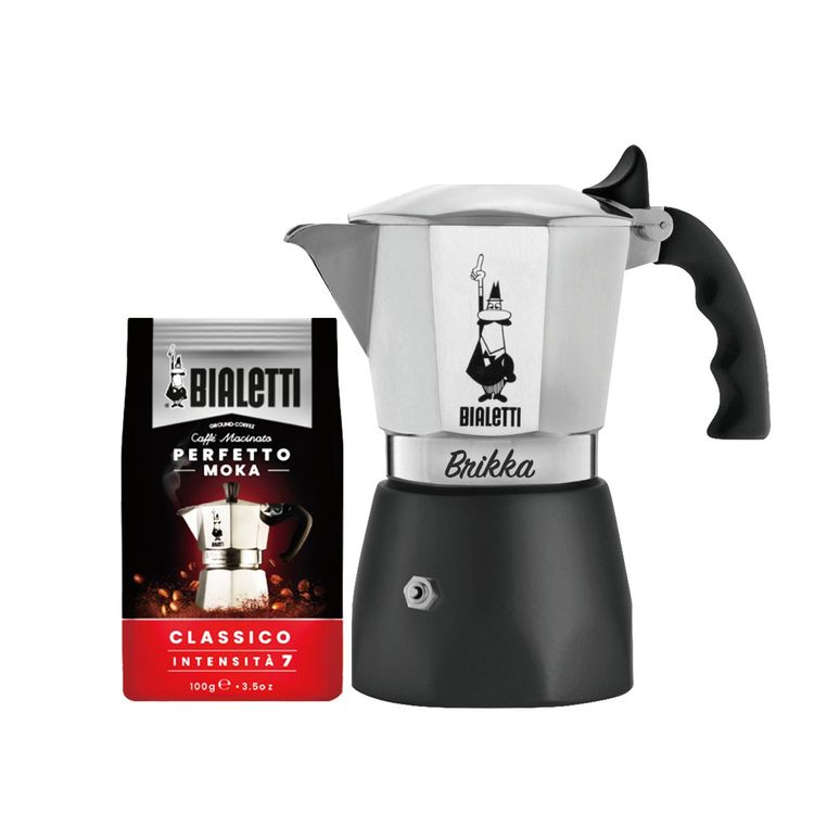 Bialetti加壓摩卡壺2杯份+研磨咖啡粉100g，原價3499元，特價1999元。業者提供