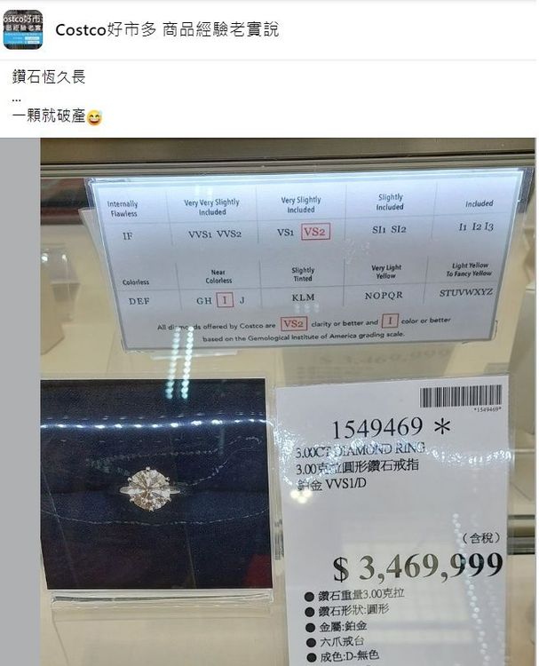 好市多3克拉鑽戒347萬！翻攝臉書社團「Costco好市多 商品經驗老實說」