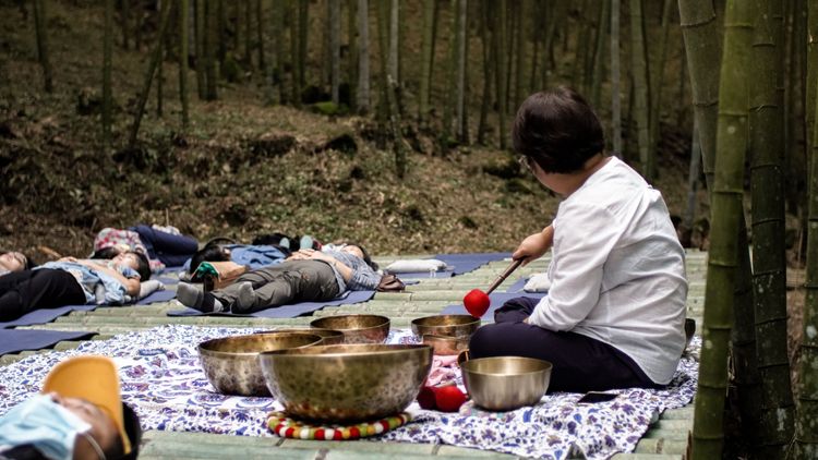 體驗民眾舒躺竹林下感受自然療癒。洪志遠提供