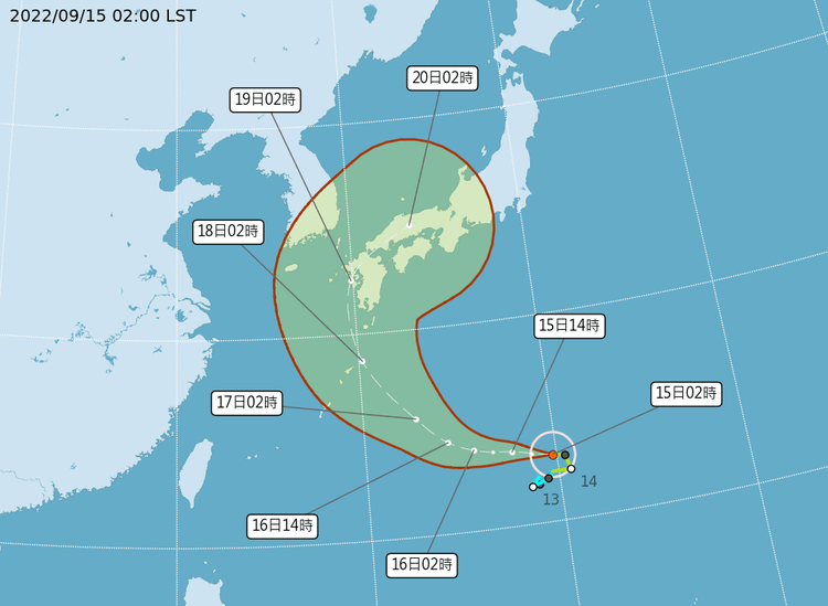 南瑪都颱風路徑往北修正。中央氣象局提供