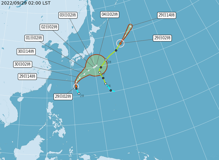 海面上雙颱路徑。中央氣象局提供