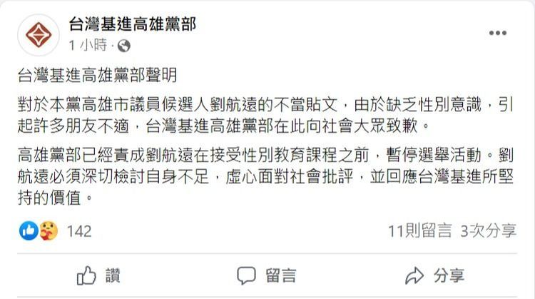 翻攝自臉書/台灣基進高雄黨部