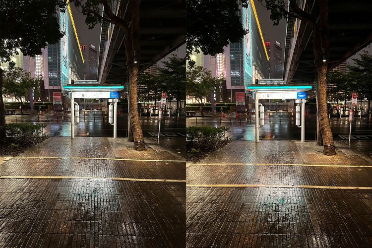 iPhone 14 Pro Max（左）對比前代，主鏡頭在低光高動態範圍下，可見高光站牌文字曝光表現更好，低光地磚在細節更清晰。黃子倫攝