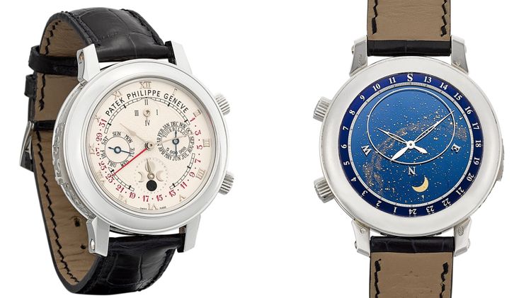 百達翡麗型號5002 Sky Moon Tourbillon “988”鉑金大複雜錶款，囊括陀飛輪、大教堂音簧三問報時、萬年曆及逆跳日期，以及星象圖、恆星時等，共12項複雜功能，估價約8152萬元台幣。翻攝蘇富比官網