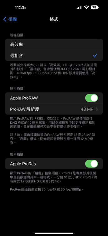 Apple ProRAW 48MP 開啟。螢幕截圖
