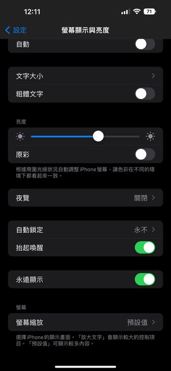 永遠顯示開啟/關閉。螢幕截圖
