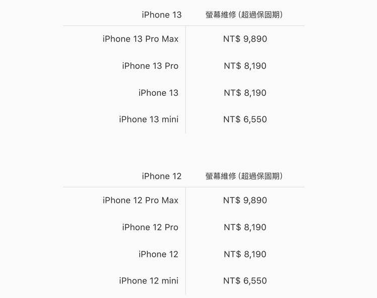 iPhone 13 舊版維修官網頁面與報價。取自 Apple