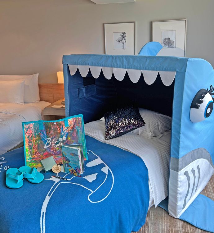 斥資百萬Q版鯊魚造型宿曦小窩，採特殊結構床墊及強化隔音與遮光，讓旅客一覺到天明。和逸提供