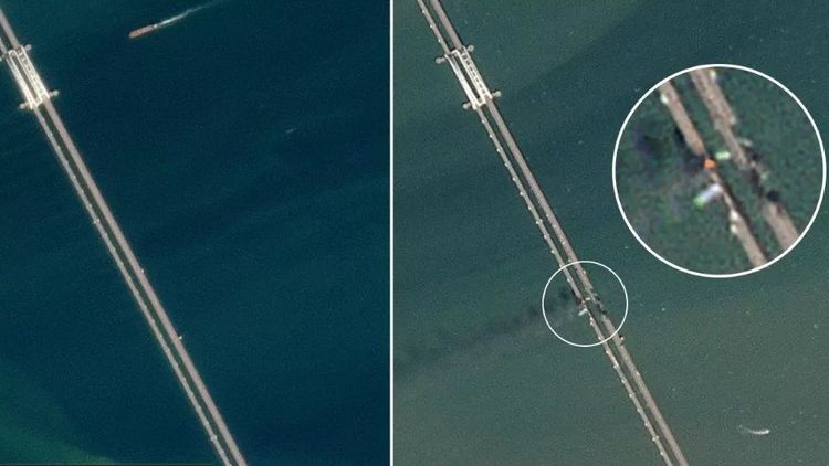 克里米亞被炸之前（左圖）和之後（右圖）的對比景象。路透社