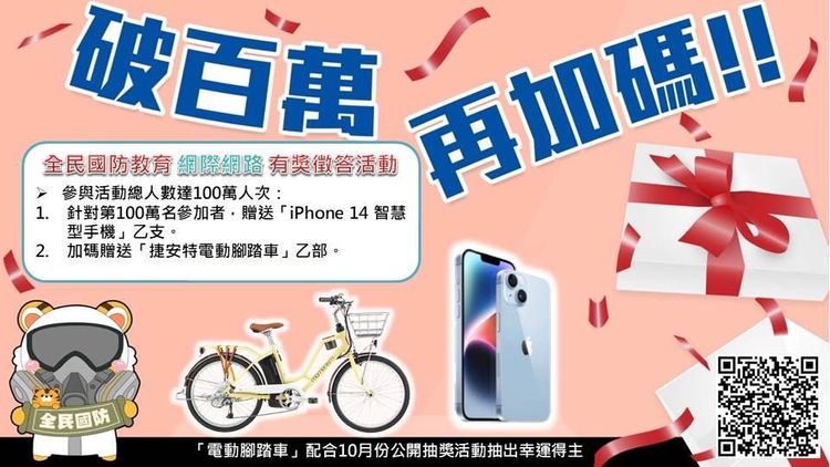 國防部加碼獎品，希望參加民眾可以衝破百萬人次。國防部提供