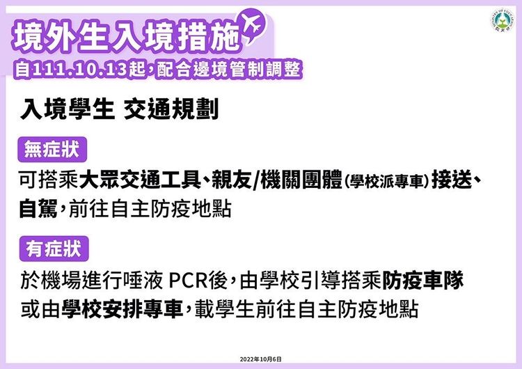 境外生將來台，無症狀可直接搭交通工具至自主防疫地點。教育部提供